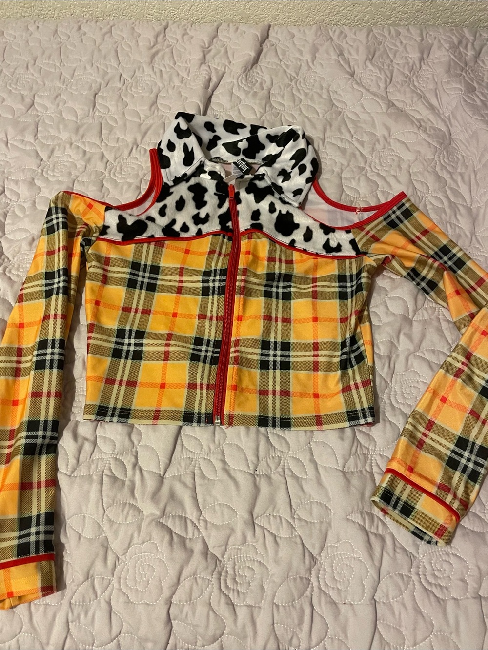 Yellow Plaid Cold-Shoulder Zip Crop Top with Cow Print Collar